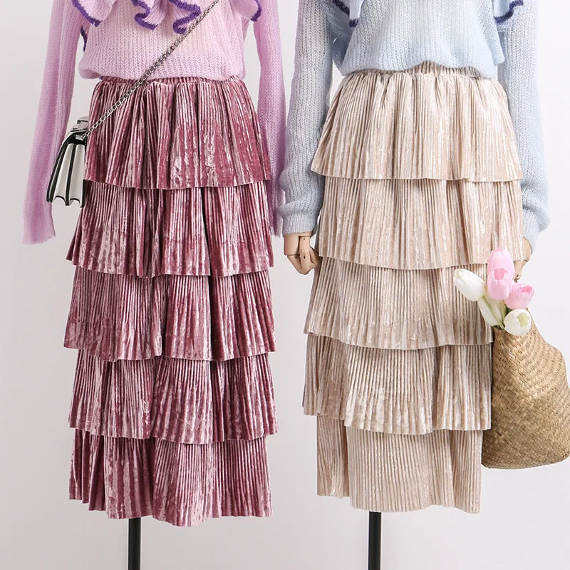 Весна, Новое поступление, шикарная плиссированная юбка, высокая талия, Faldas Largas Elegantes, милая многослойная юбка, 3 цвета