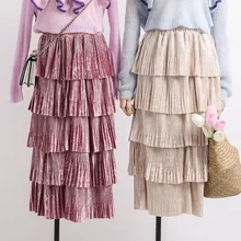 Весна, Новое поступление, шикарная плиссированная юбка, высокая талия, Faldas Largas Elegantes, милая многослойная юбка, 3 цвета