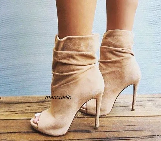 

Chic Beige Suede Ankle Boots Fancy Women Plain Peep Toe Stiletto heel Sandal Booties Fashion Wrinkled Design Platform Sandals