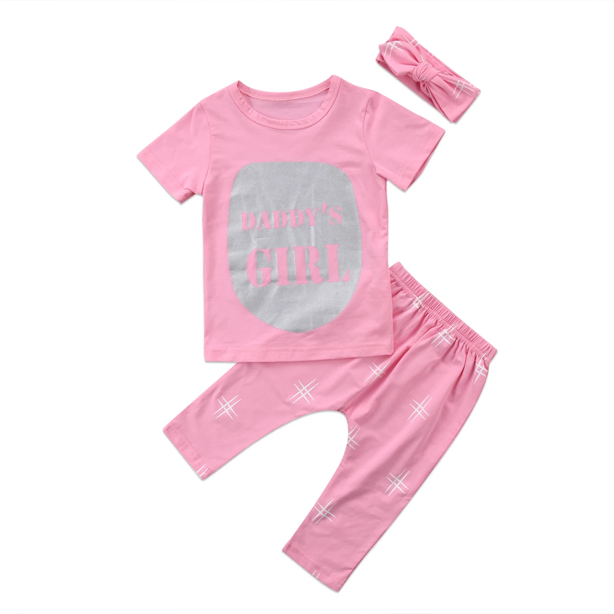 Милая одинаковая футболка с короткими рукавами для новорожденных мальчиков и девочек из 3 предметов комбинезон+ штаны повязка на голову, одежда - Цвет: Розовый
