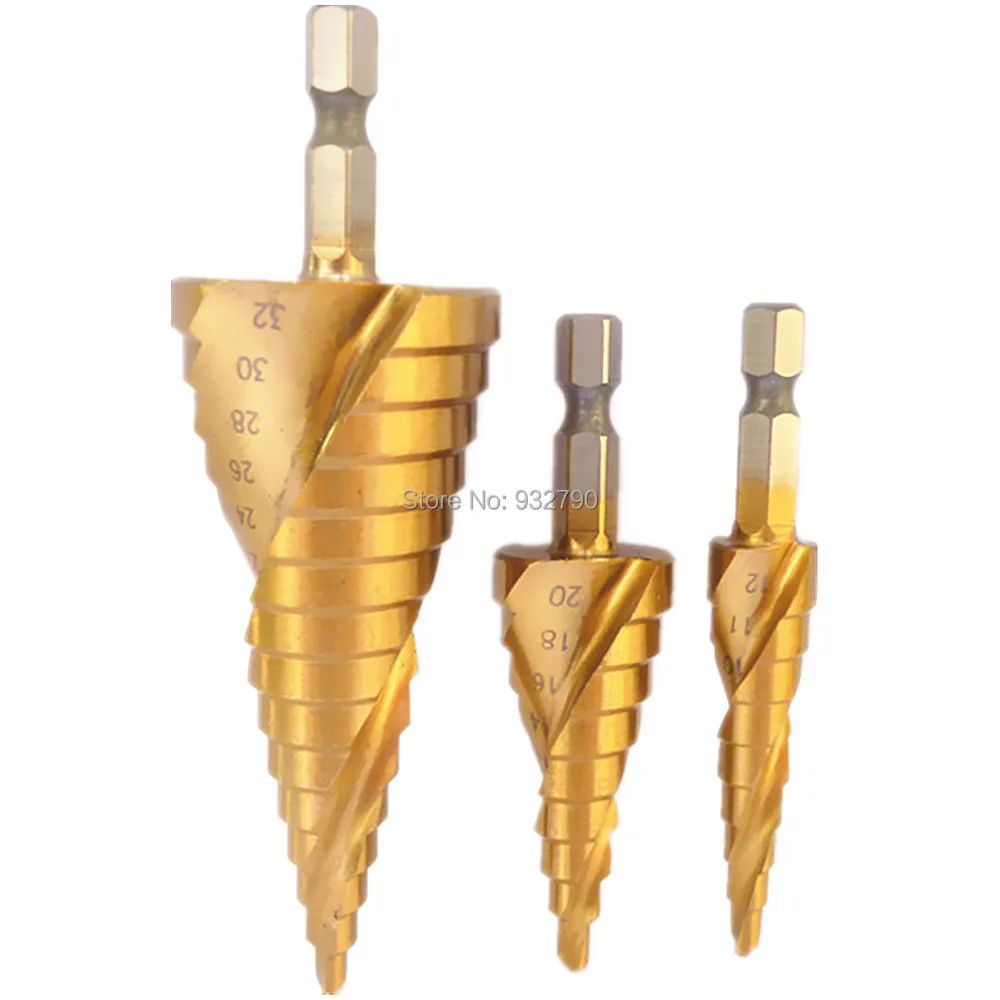 3pcs Spiral Flute Titanium Step Drill Bit 1/4" Hex Shank Metric 4 12mm