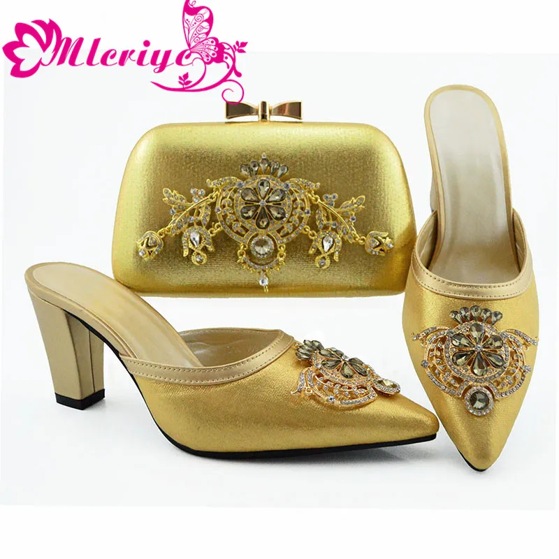 

Elegant Style Gold Color African Shoes with Matching Bags Set Shoe and Bag Set for Party In Women Hot Selling for Royal Party