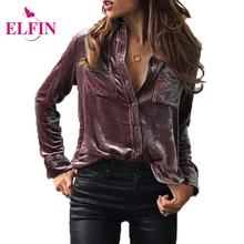 Mujeres de la manera Camisa de La Blusa de Manga Larga Camisa de Terciopelo Botón Turn Down Camisa de Cuello Femenino Blusas Tapas de Las Señoras Azul LJ8153R