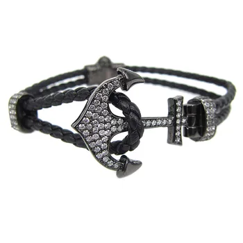 

New Micro Pave White CZ Anchor Beads Charm Men's Bracelets Trendy Bangle Handmade Leather Bracelets Hooks Leather Bracelets