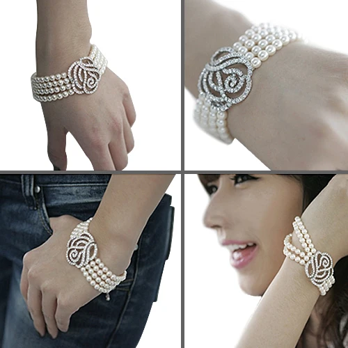 

Bluelans One Piece Women's Elegant 4 Layer Crystal Rose Flower Pearl Bangle Vogue Bracelet Accessories