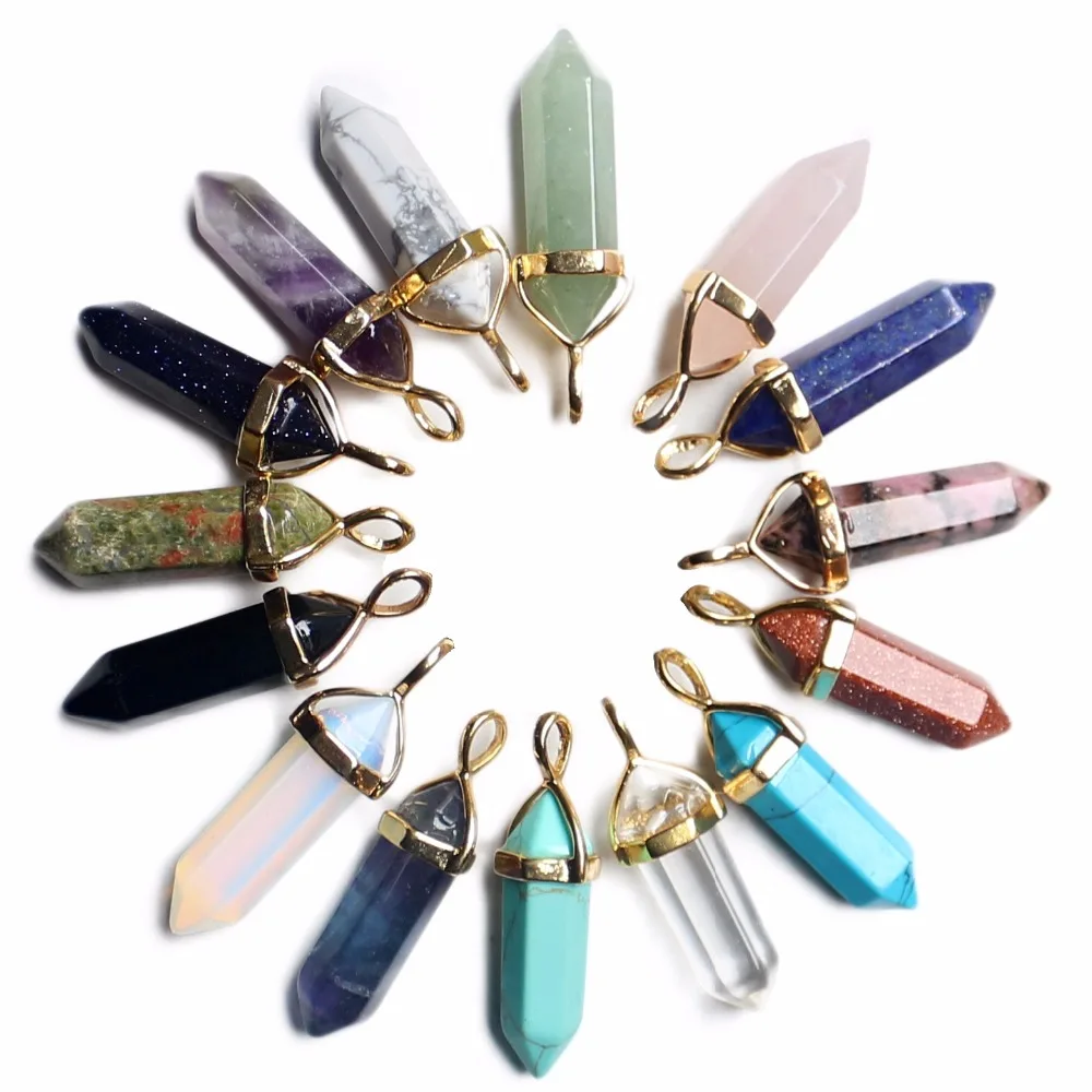 

Natural Gem Stone Pendants Gold Color Bullet Hexagonal Pendulum Quartz Amethysts Turquoises Opal Chakra Reiki Stone Pendants