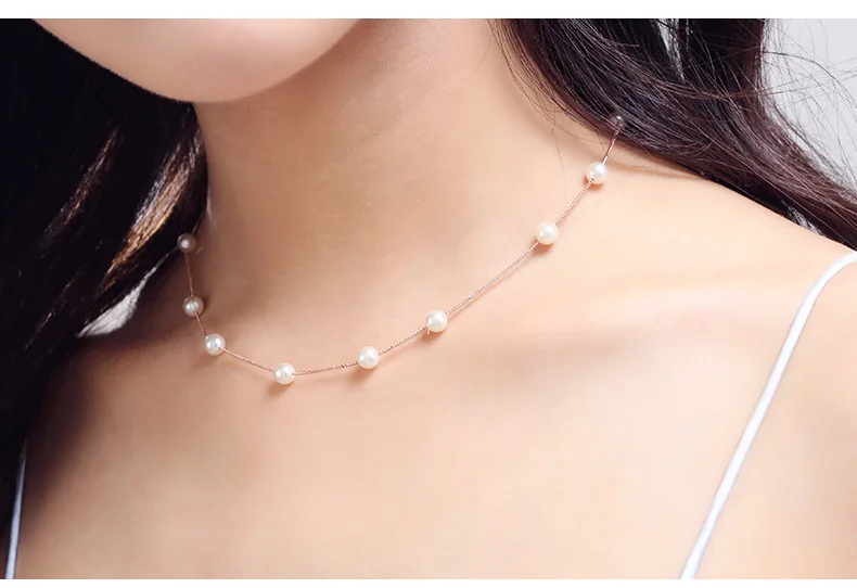 

Simple 925 Sterling Silver Jewelry 6mm Pearl Box Chain Choker Necklace & Pendants For Women kolye collares bijoux femme choker