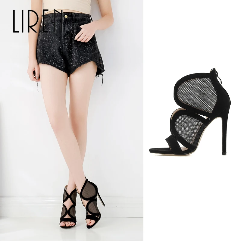 

Liren 2019 New Fashion Hollow Out Suede Round Toe Women Sandals Sexy Stiletto Heel Woman Shoes Solid Black Size 35-40
