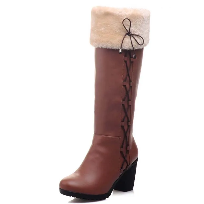 

Big Size 43 PU Leather Mid Calf  Round Toe Square High  Heel Long  Boots For Women 3-color New Bowtie  Fashion Boots