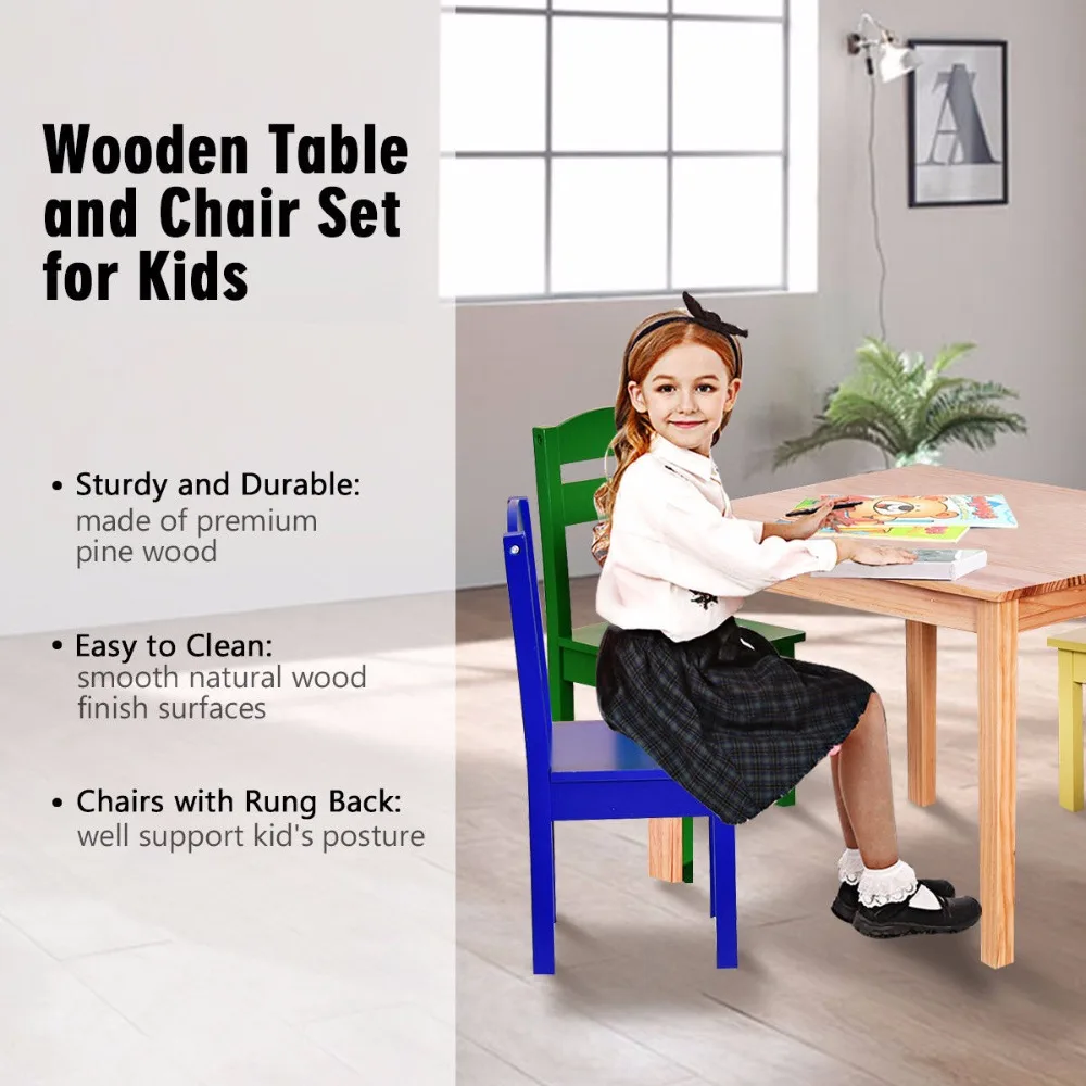 Goplus Kids 5 Piece Table Chair Set Pine Wood Multicolor Children Play Room Furniture HW55008