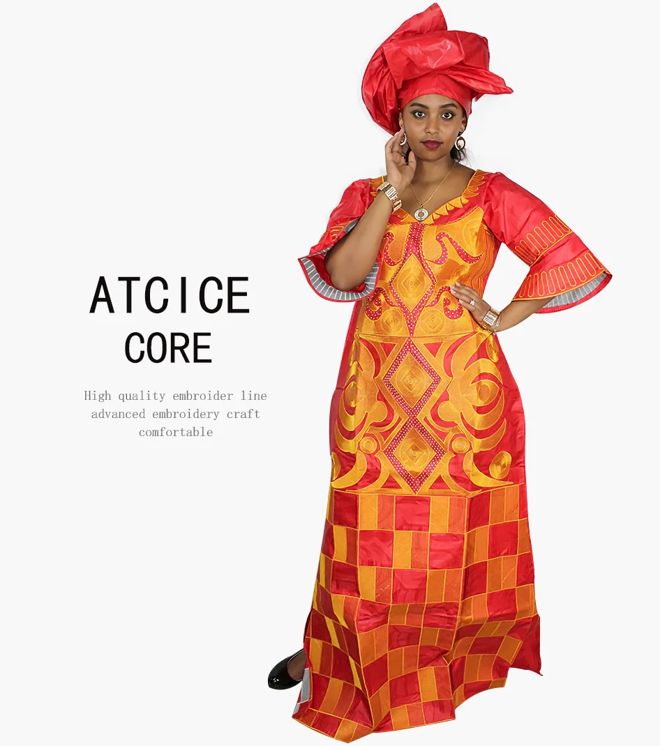African Dresses For Woman Bazin Riche Computer Emboridery Plus Size Long Dress With Scarf A023 african robe