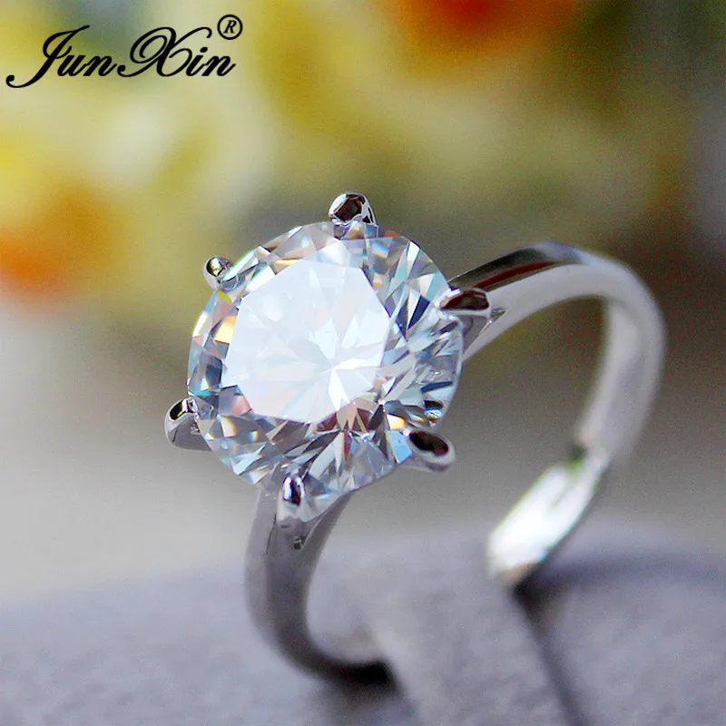 JUNXIN женские кольца с австрийским кристаллом, большие круглые кольца для женщин, 925 серебро, розовое золото, заполненные белым цветом, свадебные тонкие ювелирные изделия, обручальное кольцо