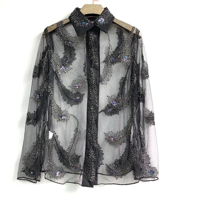 

New Blouse Summer Sexy Long Sleeve Sequined Feather Beading Lace Blouse Shirt Women