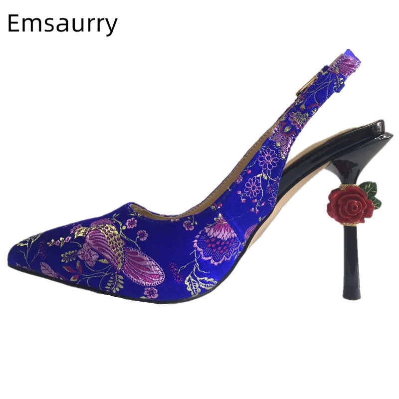 

Luxury Embroidered Flower High Heel Shoes Woman Unique Rose Flower Heel Slingback Pointed Toe Party Shoes Strange Heel Pumps