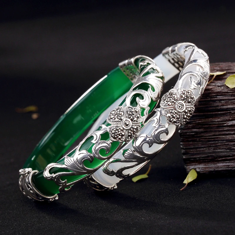 

S925 Sterling Silver Chalcedony Openable Bangles Green White Handmade Thai Silver Natural Jade Bracelet Fine Jewelry For Women