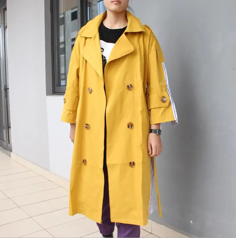 Femme Bande Manches Yellow À Taille Style Gx1355 Manteaux Survêtement Mode Décontracté De Longues Mince Patchwork Long Ceintures Double Trench Boutonnage wtqFrt7