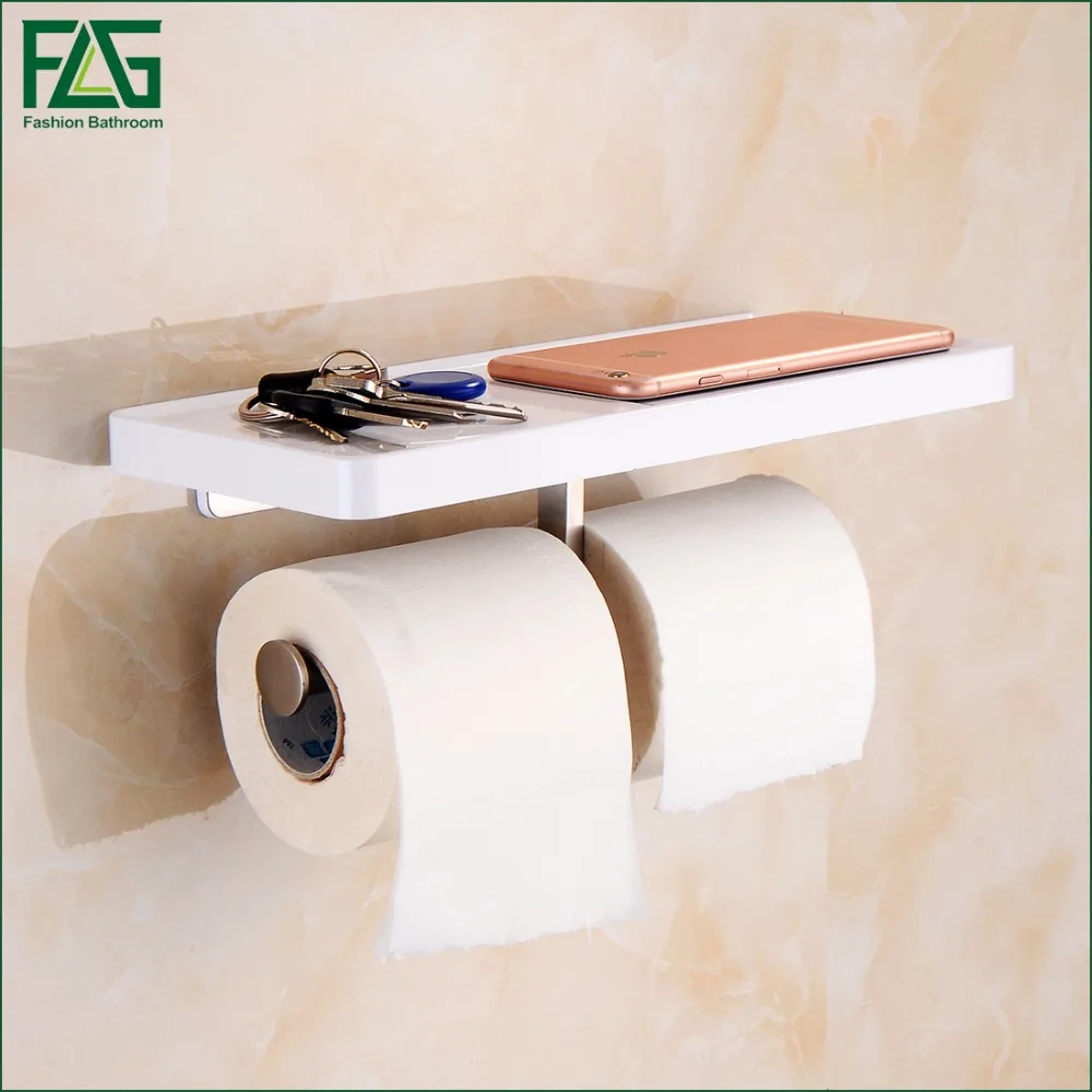 FLG Wall Mounted Toilet Paper Holder with White ABS Shelf & Stainless
