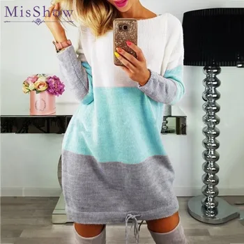 

Misshow 2019 Autumn Winter Knitted Women Sweaters Long Sleeve O Neck Pullovers Casual Patchwork Jumper Ladies Pull Femme Hiver