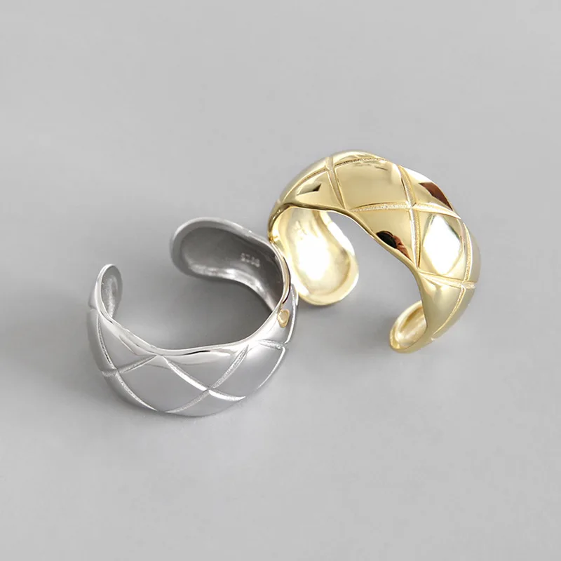 DAIWUJAN 100% 925 Sterling Silver Open Ring Korean Simple Personality Rhombic Plaid Gold Color Finger Jewelry Female | Украшения и