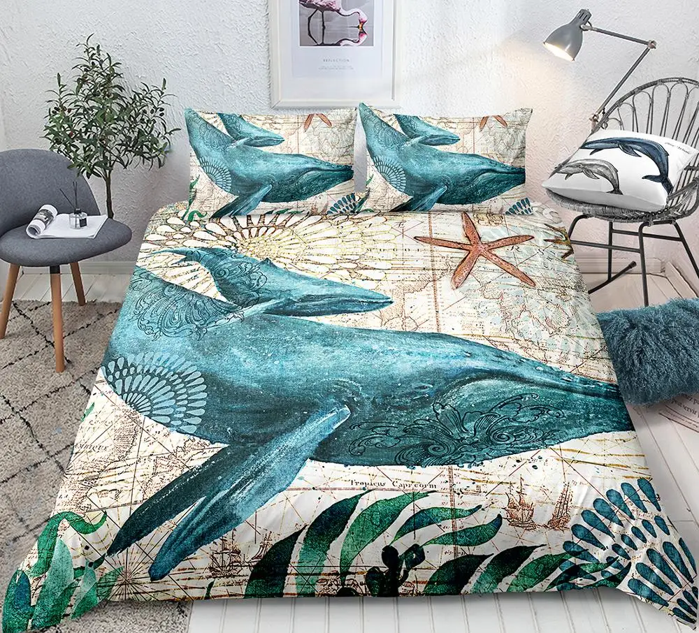 

Whale Bedding Set Ocean Home Textile Teal Marine Duvet Cover Set Mediterranean Style Quilt Cover Sea Whale Comforter Cover
