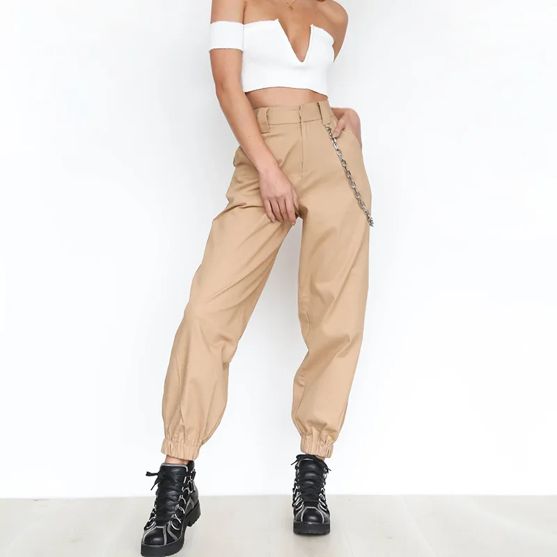 BKLD Лето 2019 женские с высокой талией шаровары женские модные тонкие однотонные длинные брюки хип-хоп брюки уличная одежда с цепочками