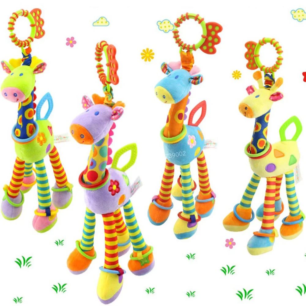 Plush Infant Baby Development Soft Giraffe Animal Handbells Rattles Handle Toys