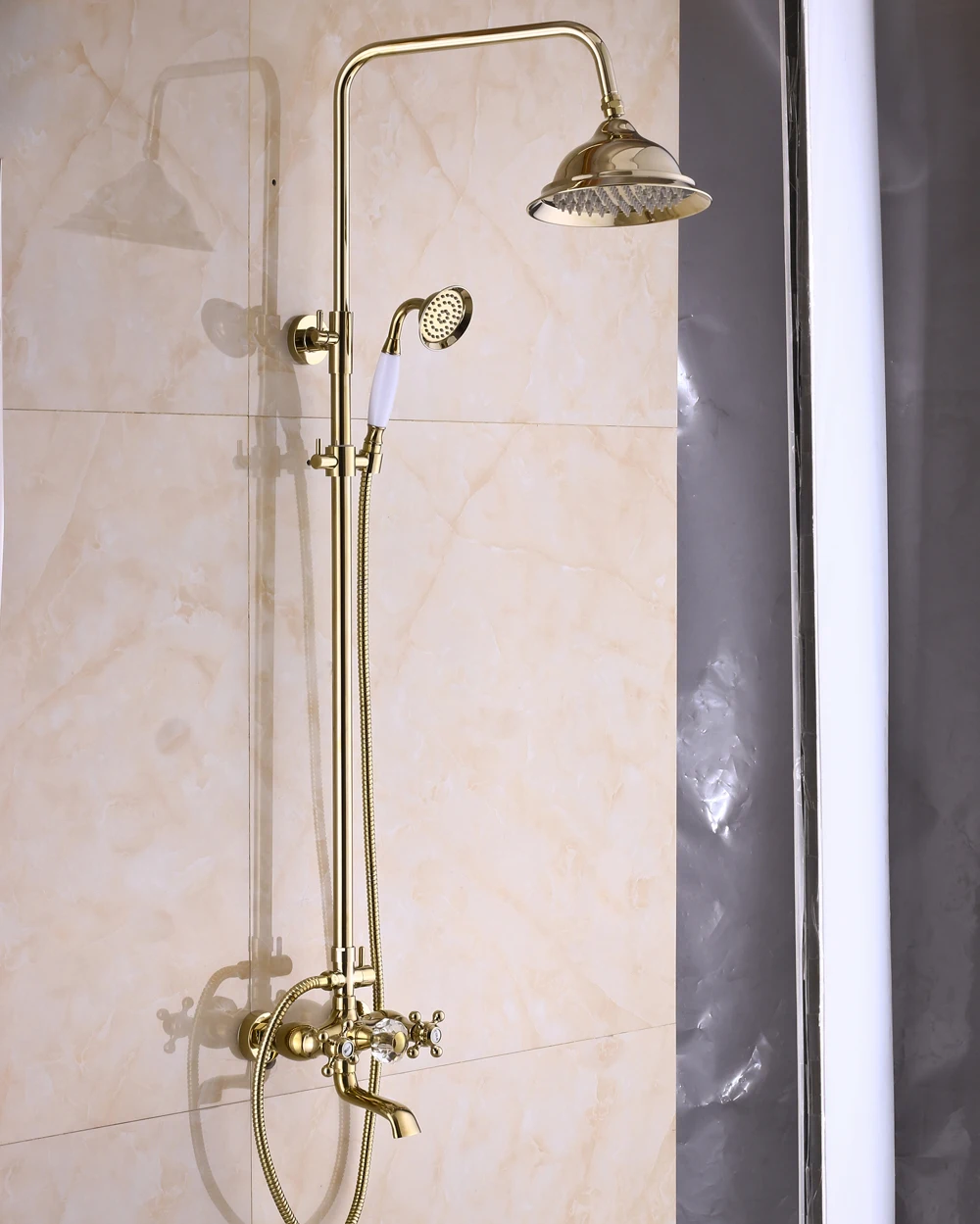 Luxury Gold Polished Exposed Shower Faucet Set Crystal Style Bath Mixer