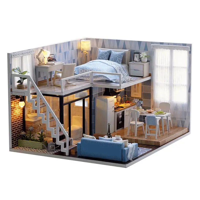 Кукольный домик Blue Time с мебелью музыкальная Обложка миниатюрная DIY House украшения модель подарок украшения Управление способности детей друг