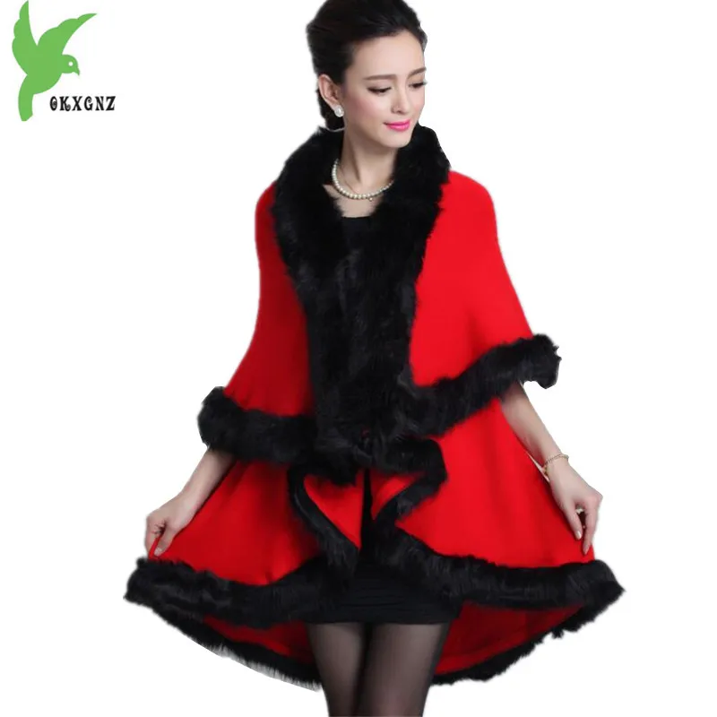 

New Knitted Cloak Jackets Women Autumn Winter Faux Fox fur Cardigan Shawl Double layer Knit Thick Warmth Cloak Coats OKXGNZ 1537