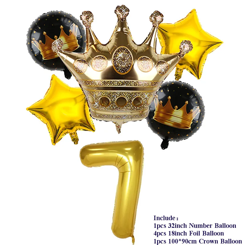 6pcs 32inch Number Foil Balloons 1 2 3 4 5 Years Old Kid Boys Girls Gold Crown Happy Birthday Balloon Baby Shower Decor Supplies