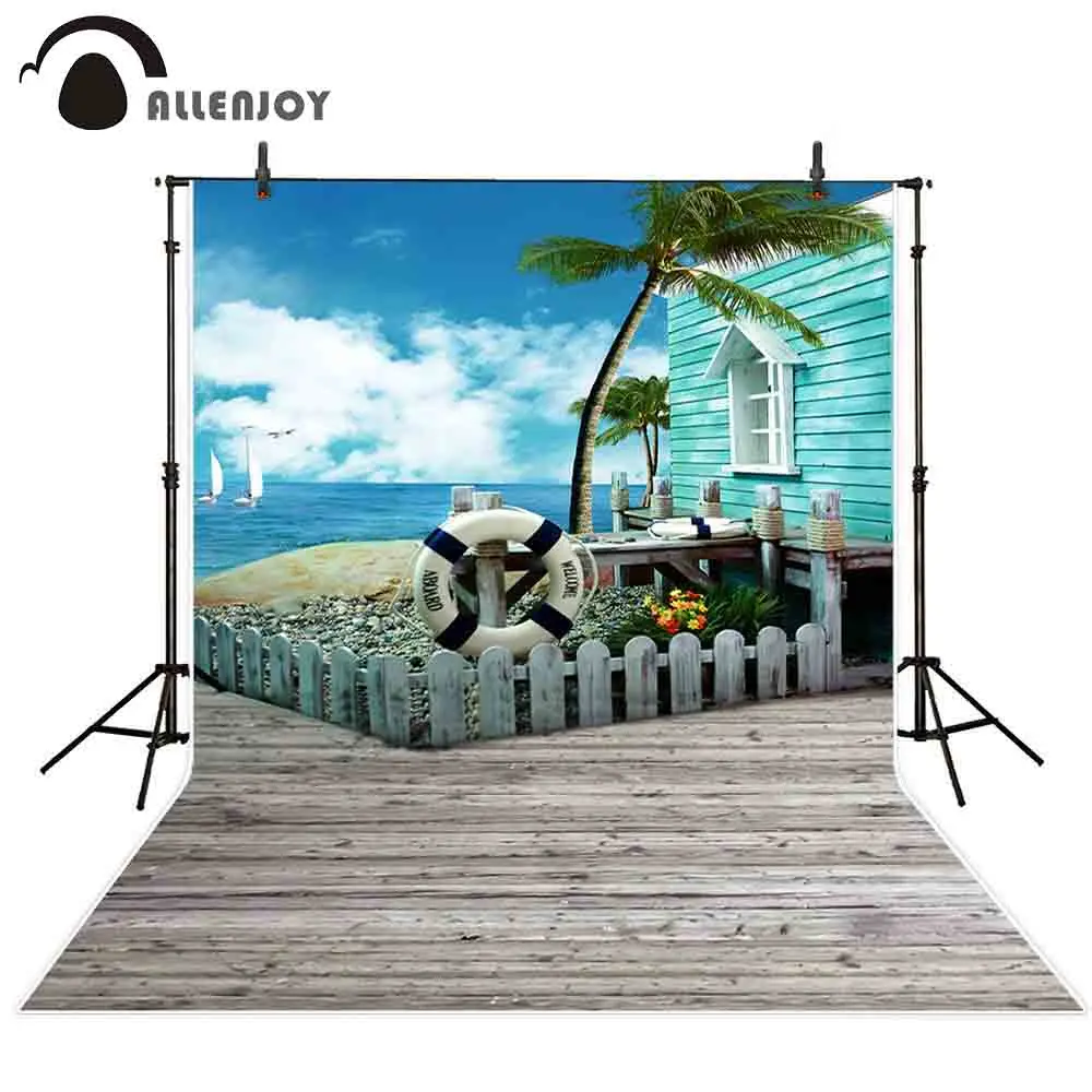 

Allenjoy Summer photography backdrop blue sky sea wood house coconut tree background photo studio photophone photocall shoot