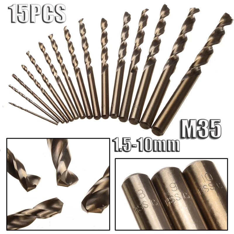 15PCS 1.5 10mm Twist Drill Bits Set M35 Cobalt HSS Straight Shank