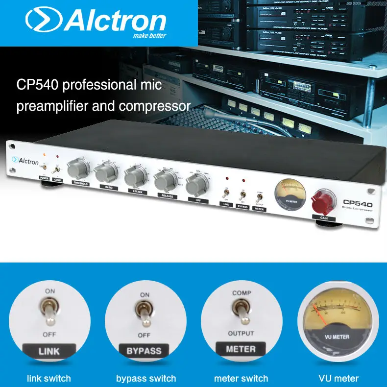 Alctron CP540 Профессиональный одноканальный микрофонный предусилитель и компрессор/ограничитель, студийный компрессор, 5 переключаемых фильтров