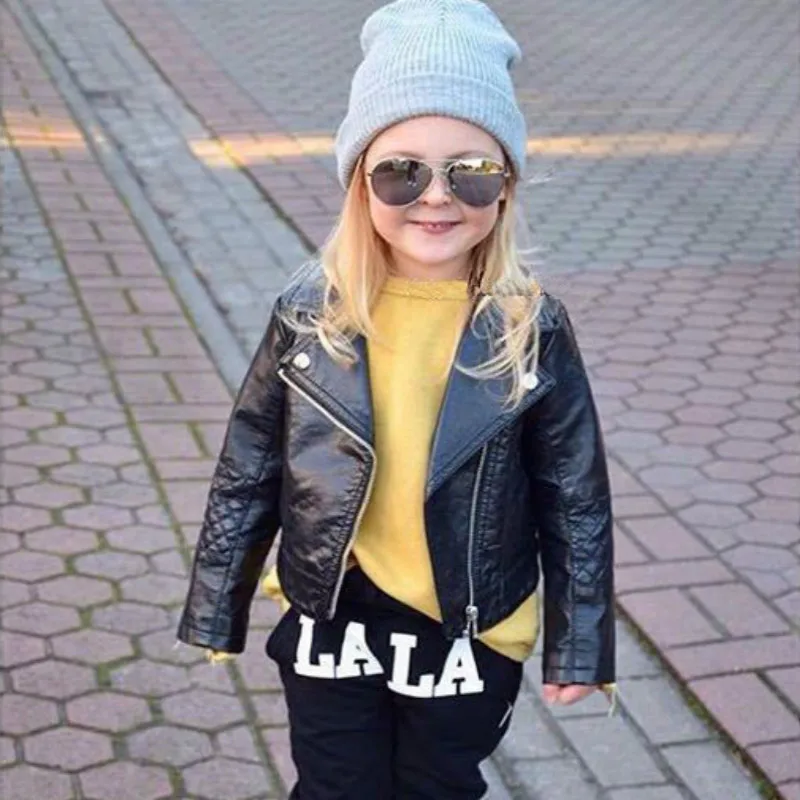 New Kids Girl Fashion Motorcycle PU Leather Jacket Biker Coat Overcoat ...