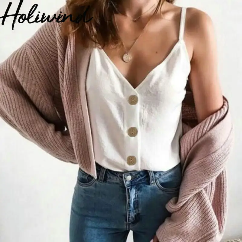 

2019 Summer Women V-neck Cotton Linen Camis Buttons Decor Solid Color Summer Crop Top Female Tank Tops