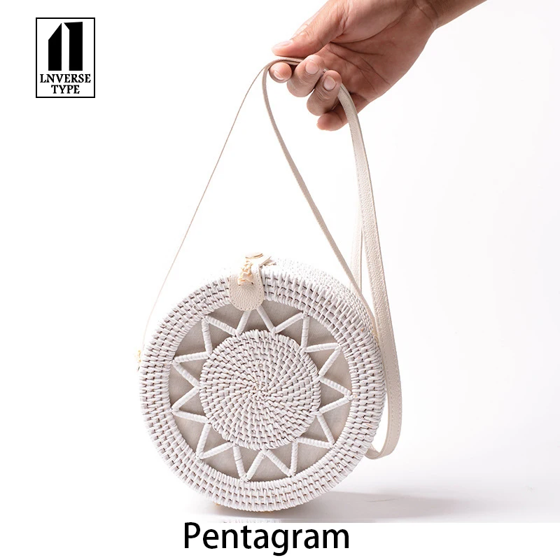 

Vintage Handmade Rattan Woven Shoulder Bags White Straps Bow Hasp Holiday Beach Crossbody Bag Messengers Women Handbag Beach bag