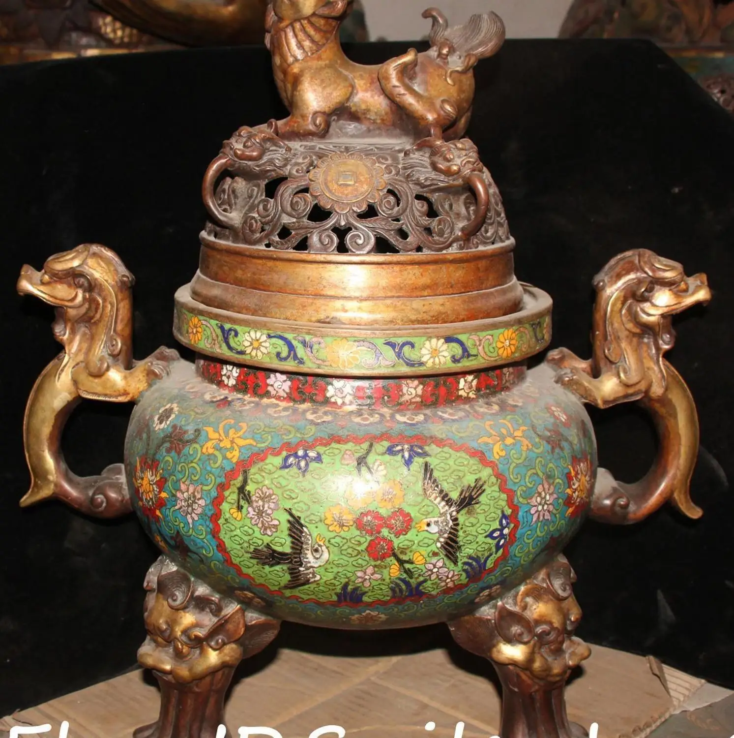 

20" Old Cloisonne Gold Gild Dragon Lion Beast Magpie Plum Incense Burner Censer