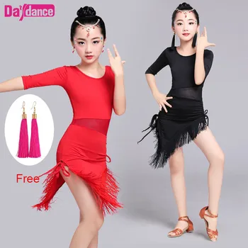 

Girls Flamenco Latin Dance Dress Inequal Dovetail Fringe Cha Cha Salsa Dance Wear Sexy Mesh Waist Latin Dresses