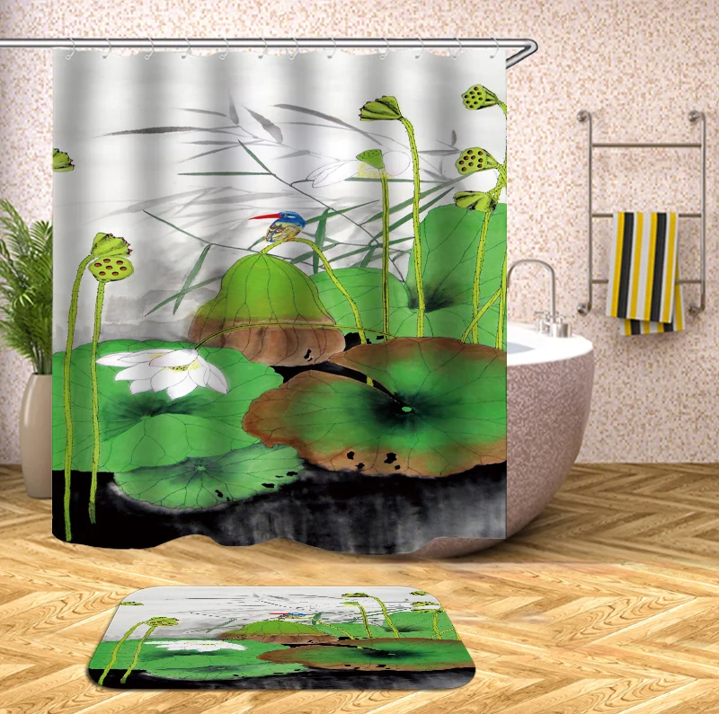 

Lotus leaf Printing washable bath curtains screen for bathroom decoration polyester fabric shower curtain