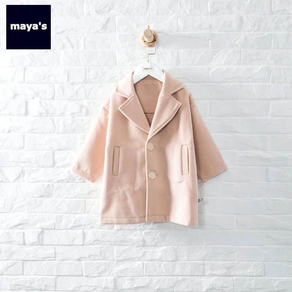 

Mayas Winter Warm Solid Color Wool Girls Jacket Khaki Fashion Pocket Kids Outerwear Children Solid Autumn New Basic Coats 84019