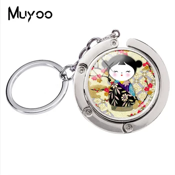 

2018 Fashion Japanese Kokeshi Key Chain The Kimono Doll Keyring Glass Dome Pendant Jewelry Wristlet Key Holder For Women