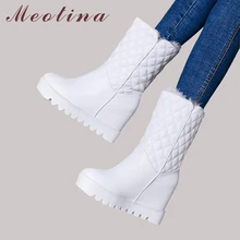 Meotina/зимние ботинки; женская обувь на меху; плюшевые теплые ботинки до середины икры; ботинки на танкетке; обувь на высоком каблуке в клетку; цвет белый