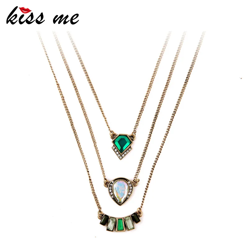 

KISS ME Fashion Personality Geometric Imitation Emerald Pendant Three Layers Brand Necklace Factory Wholesale