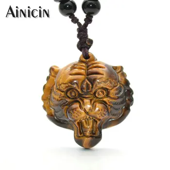 

High Quality Natural Tiger Eyes Fine Carved Tiger Head Pendant 28'' Rope Chain Necklace Fashion Men and Women Jewelry 1pc