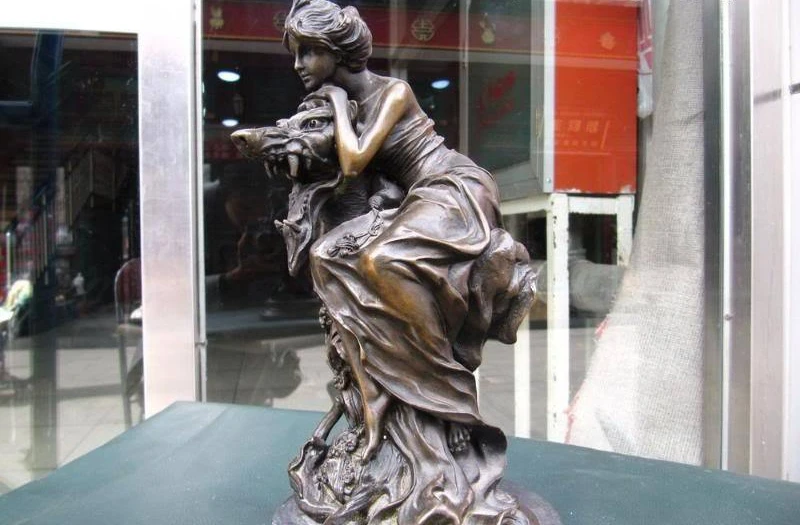 

10"Western Pure Bronze muse belle on wolf Art sculpture on base Marble