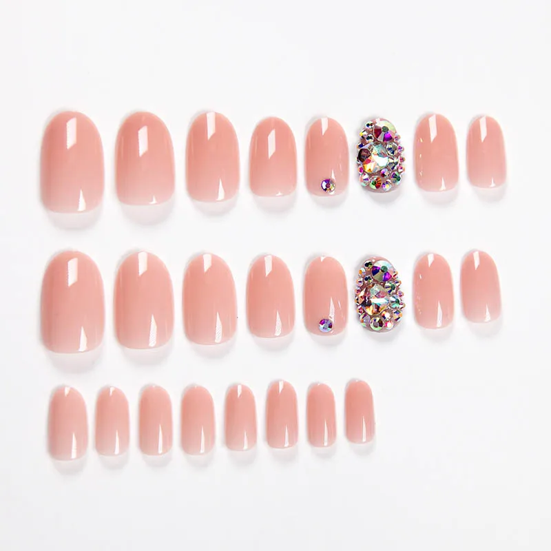 

New 24pcs Sweet Diamond Arcylic Fake Nails Women Summer Light Color Medium Length Full Cover False Nail Art Patches DL