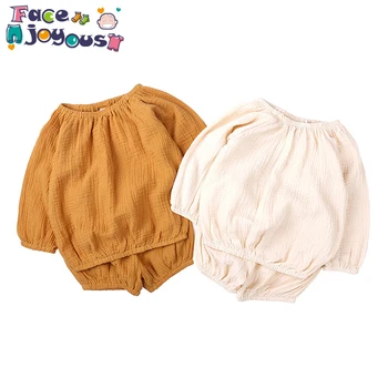 

Newborn Baby Boys Girls Clothes Set Solid Color Cotton Linen Long Sleeve T-shirt + Shorts Pant Children 2pcs Clothing Sets 0-4Y