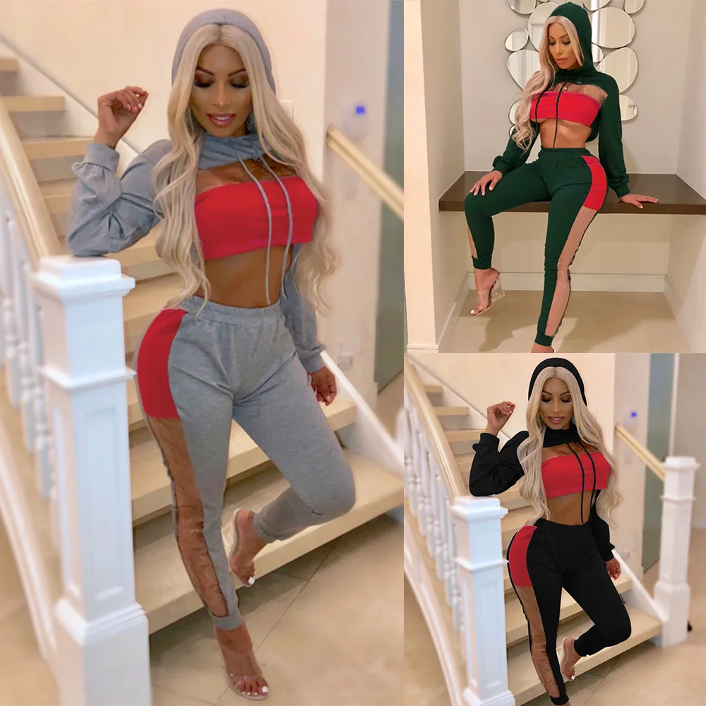 

Two Piece Set Transparent Color Block Hoodies Crop Top Long Pants Lady Tracksuit 2019 European And American Station Women Shu Br