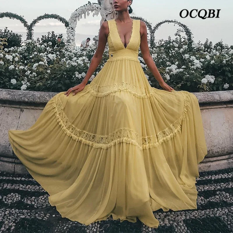 

2019 Women Summer Dress Bohemian Sexy Elegant Women Party Night Beach Yellow Long Dress Plus Size