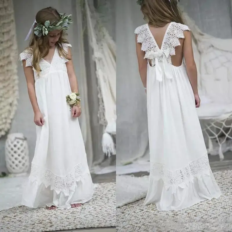 Summer Beach Boho Flower Girl Dresses Chiffon Holy Communion Gowns